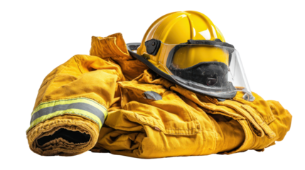 Firefighting suit folded with helmet on top background isolated on a Transparent background, PNG file.