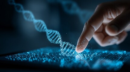 Hand Interacting with Digital DNA Structure in Futuristic Technology