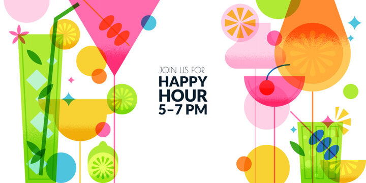 Horizontal banner with summer tropical cocktails. Vector background for for party flyer, poster or bar event promotion - Powered by Adobe