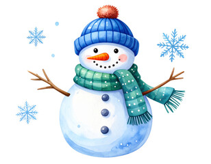 Hand-Painted Watercolor Snowman with Soft Brush Strokes and Winter Details – Transparent PNG