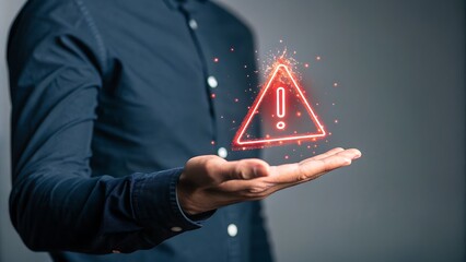 Man Presenting Glowing Warning Sign Hologram on Palm, Indicating Risk and High Alert System Status.