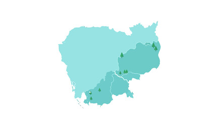 Fototapeta premium Graphical illustration of Cambodia's map highlighting the country's green spaces and national park distribution using clean design aesthetic