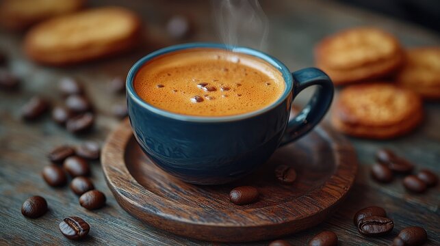 Steaming espresso in teal cup, cookies and coffee beans - Powered by Adobe
