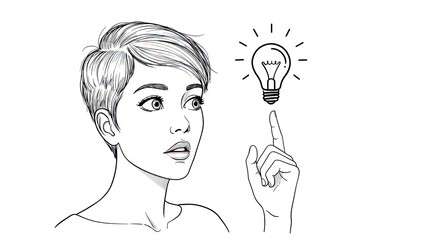 Line Art of a Surprised Woman with a Pixie Cut Getting an Idea