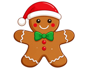 Cute Cartoon Gingerbread Man with Santa Hat – Flat Style PNG