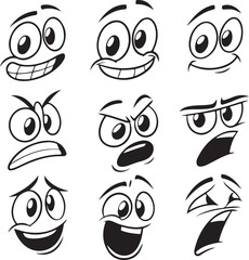 Cartoon Face Expressions Collection Depicting a Range of Emotions from Happiness to Anger and Sadness