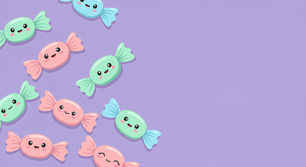 Adorable kawaii candies with smiling faces on a pastel purple background with copy space for text.