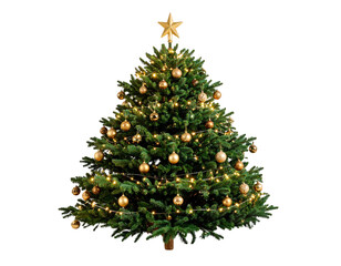 Realistic Decorated Christmas Tree with Golden Ornaments and String Lights, PNG Isolated (2)