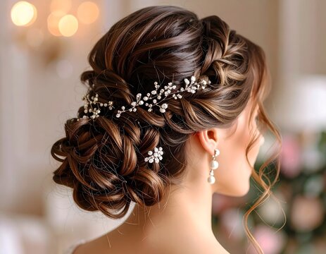 Elegant bridal hairstyle featuring a voluminous braided updo adorned with delicate pearl hair accessories, perfect for weddings and formal occasions.
