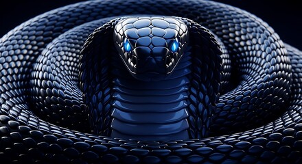 Intense close up of a black cobra snake with glowing blue eyes