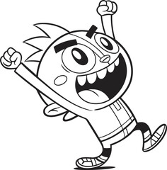 Enthusiastic Cartoon Character Jumping with Joy A Black and White Illustration of Exuberance and Happiness in Youthful Animation