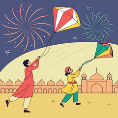 Obraz premium Illustration of two people flying kites with fireworks in the background near a building at night time