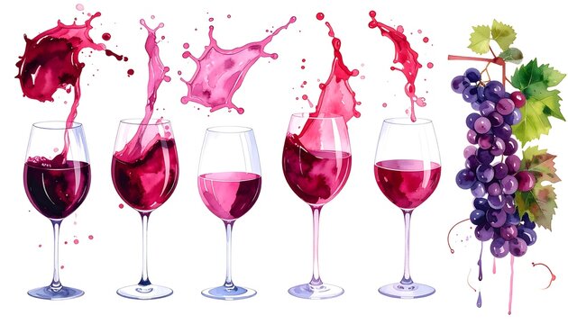 Watercolor illustration of wine glasses with splashes and grapes