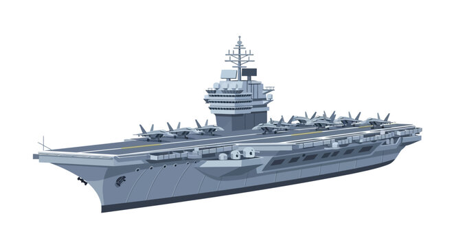 Naval aviation power: An illustration showcasing the might of an aircraft carrier at sea showcasing military strength with fighter jets ready for