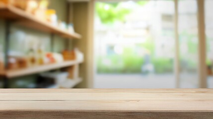 Wooden Table Top with Blurred Background in a Cozy Cafe Setting