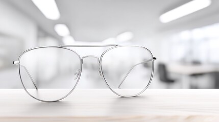 Clear Framed Glasses on Wooden Table with Blurred Office Background