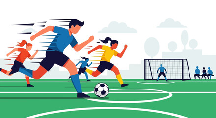 Fototapeta premium Mixed-Gender Soccer Team Playing Football on a Green Field