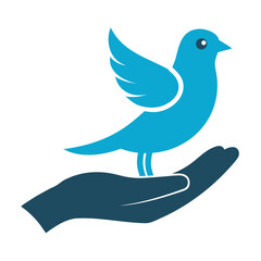 Gentle hand holding a delicate bird symbolizing peace and tranquility against a clean white background