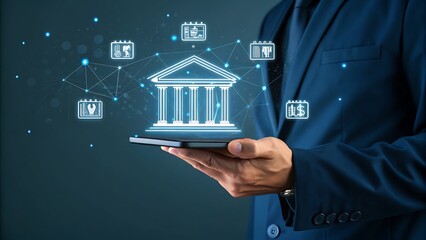 Online Services Accessible Via Mobile Device For Finance Management, Modern Technology Interface Connecting Financial Tasks And Business Solutions.