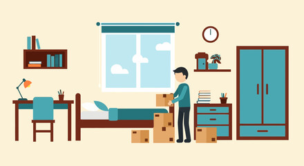 Young Man Moving and Organizing Boxes in His Bright Room
