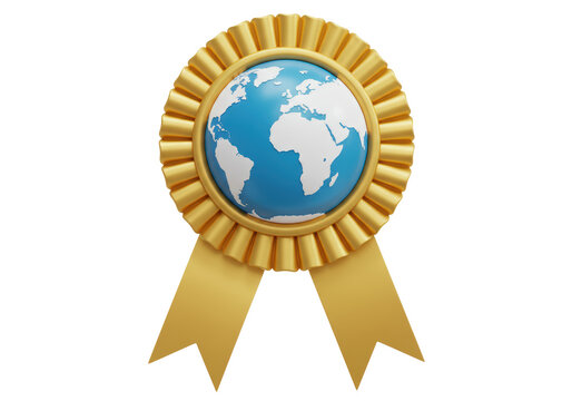 Isolated Golden Award Ribbon with World Globe Center