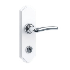 Chrome door handle with white door hanger. Isolated. Doorknob. Doorhanger. Blank. 3d illustration. [Transparent Background PNG].