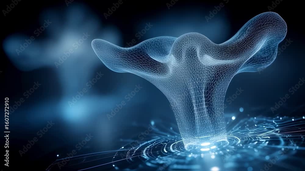 Wall mural complex geometric shape made of glowing blue particles emerging from a digital surface with concentr