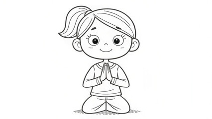 Obraz premium Cute cartoon girl kneeling with hands together in prayer or greeting