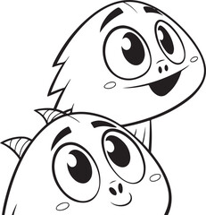 Two Cartoon Monsters Smiling with Big Eyes in Black and White Drawing Style