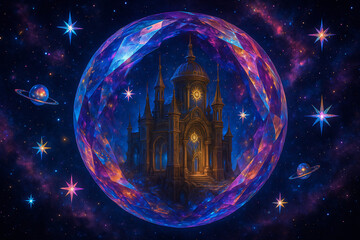 Fantasy Cosmic Observatory Floating in a Crystal Sphere in the Sky