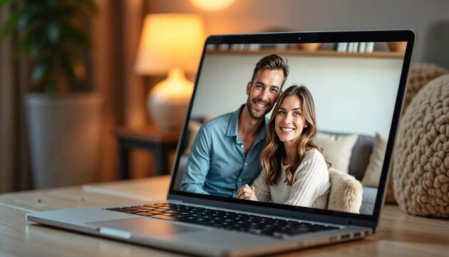 Couple video calling on laptop featuring smiling man and woman on screen is perfect for heartwarming moment. Couple video calling on laptop displaying joyful connection.