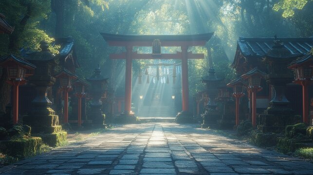 Sunbeams through a Japanese shrine path