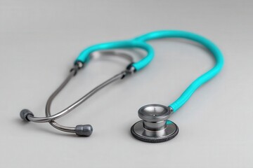 Turquoise stethoscope neatly coiled on a white surface