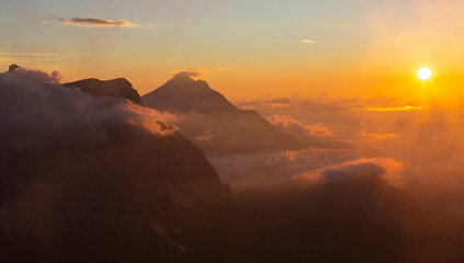 Picturesque sunrise colors in the Dolomites Mountains, Italy, in summer