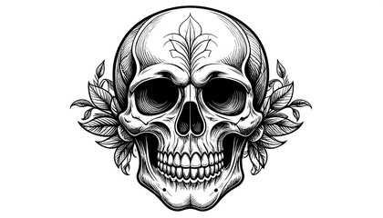 Ornate skull graphic with floral accents