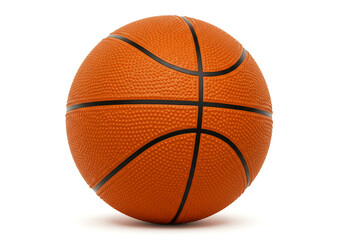 A close up view of a textured orange basketball with black lines on a white background
