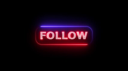 Bright neon follow button in blue and pink glow, ideal for social media - Powered by Adobe