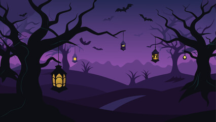 dark haunted orchard filled with hanging lanterns