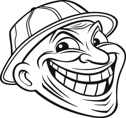 Black and White Illustration of a Mischievous Character Wearing a Hat with a Wide Grin