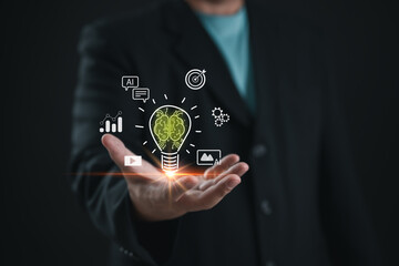 Entrepreneur presenting a glowing lightbulb with AI brain and technology icons, symbolizing innovation, artificial intelligence, business strategy, and smart digital transformation in modern industry.