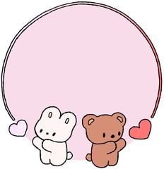 하트를 보내는 곰과 토끼 캐릭터 원형 프레임 일러스트 © titi.drawing