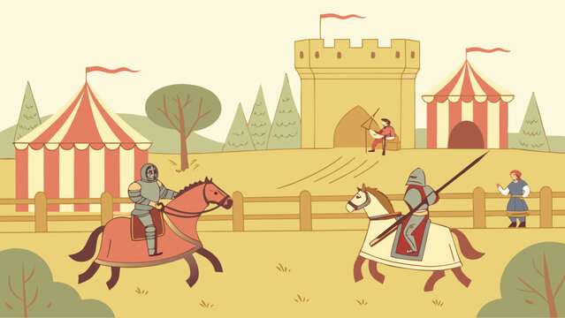 Two knights on horses prepare to joust in front of a castle and tents in a medieval setting