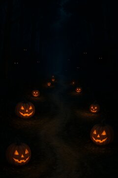  Halloween atmosphere Dark Rural Road Lined with Glowing Jack-o&rsquo;-Lanterns at Night