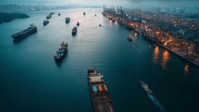 An aerial view of a busy port with multiple vessels anchored offshore reflecting a slowdown in freight traffic and the backlog of ships waiting to unload due to imposed trade barriers.