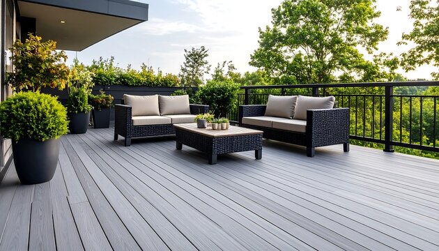 Modern outdoor deck with patio furniture and lush greenery