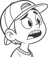 Cartoon Boy in Cap with Scared Expression Line Art Illustration Vector Artwork
