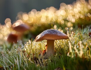 dew kissed mushrooms in dewy grass