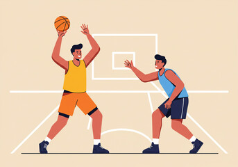 Fototapeta premium Two basketball players in action on a court one shooting while the other defends closely