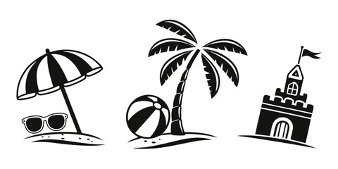 Hand-drawn travel icons illustrate a tropical paradise with beach, sea, palm trees, and summer vacation essentials