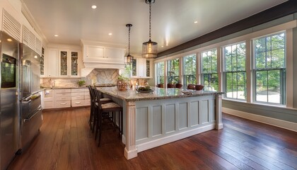 interior design of a beautiful kitchen with a large island in a modern new england colonial home